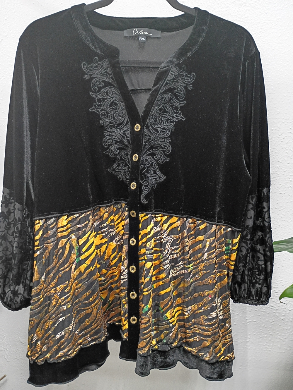 Caless Black Velvet Button-Front Top with Gold Animal-Print Panel